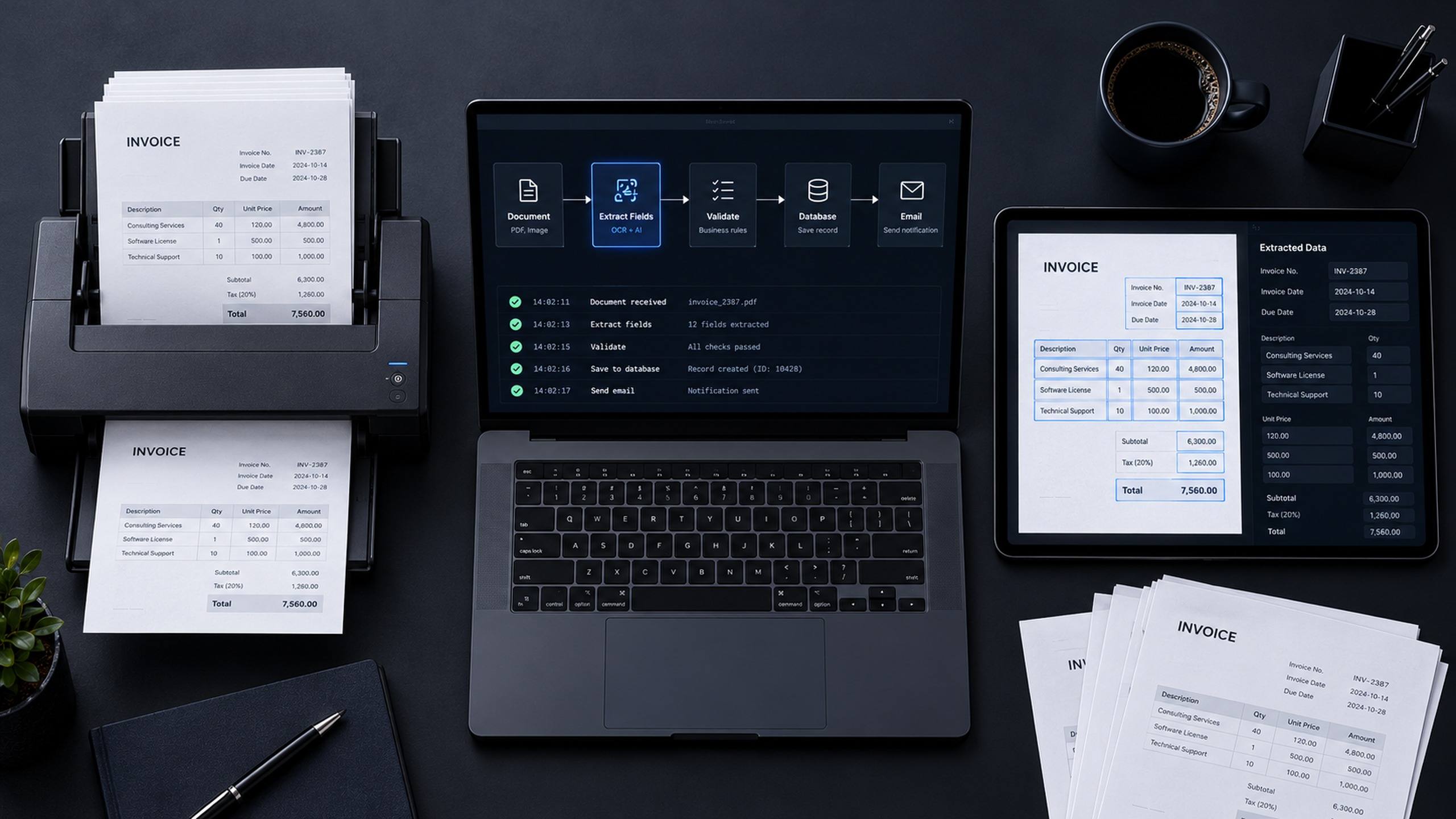 Notebook com fluxo de automação de leitura de notas fiscais, scanner, tablet com dados extraídos e documentos impressos