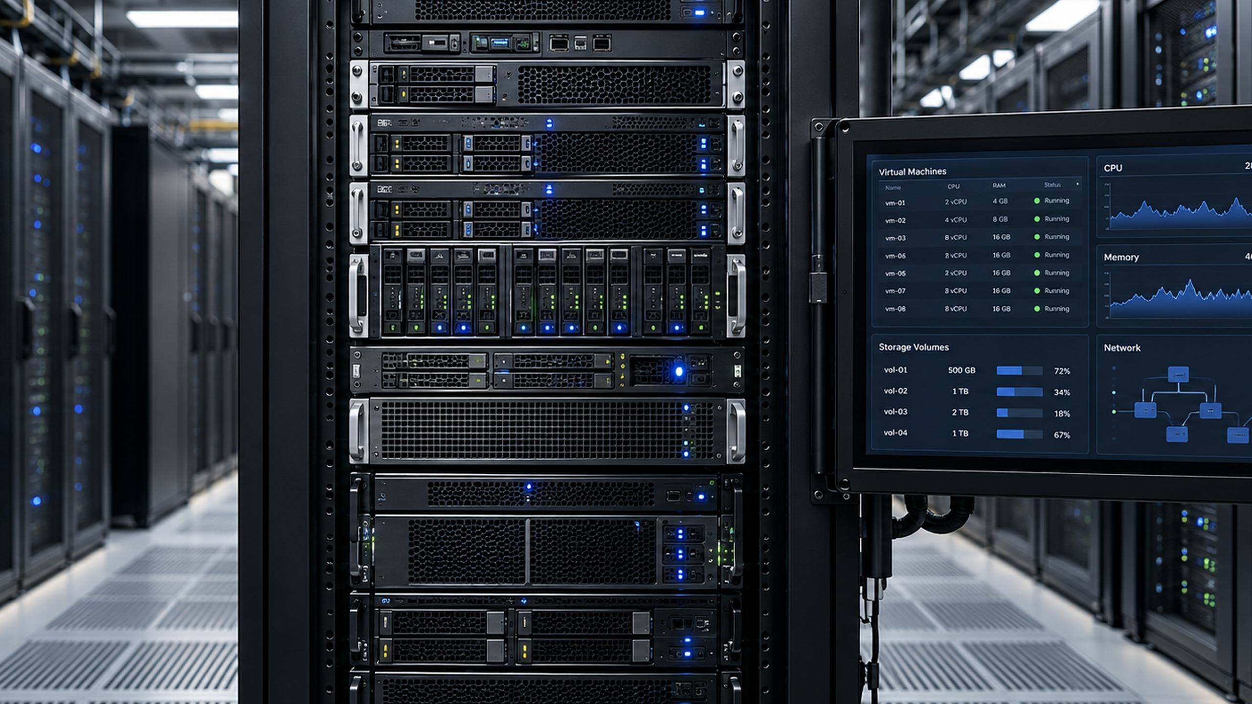 Rack de servidores em um data center, com um monitor exibindo máquinas virtuais, CPU, memória e armazenamento
