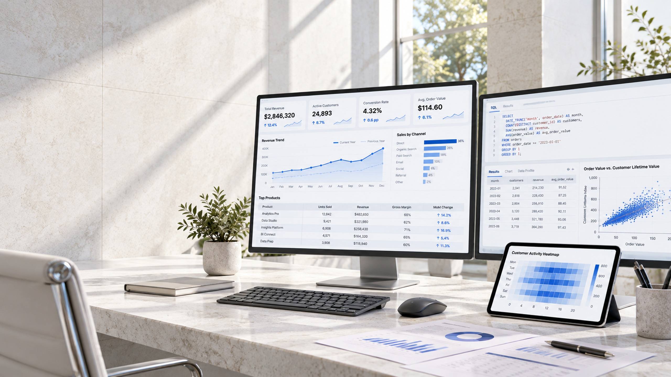 Monitores com dashboard de indicadores, consulta SQL e gráfico de dispersão, sobre uma mesa clara com relatórios impressos