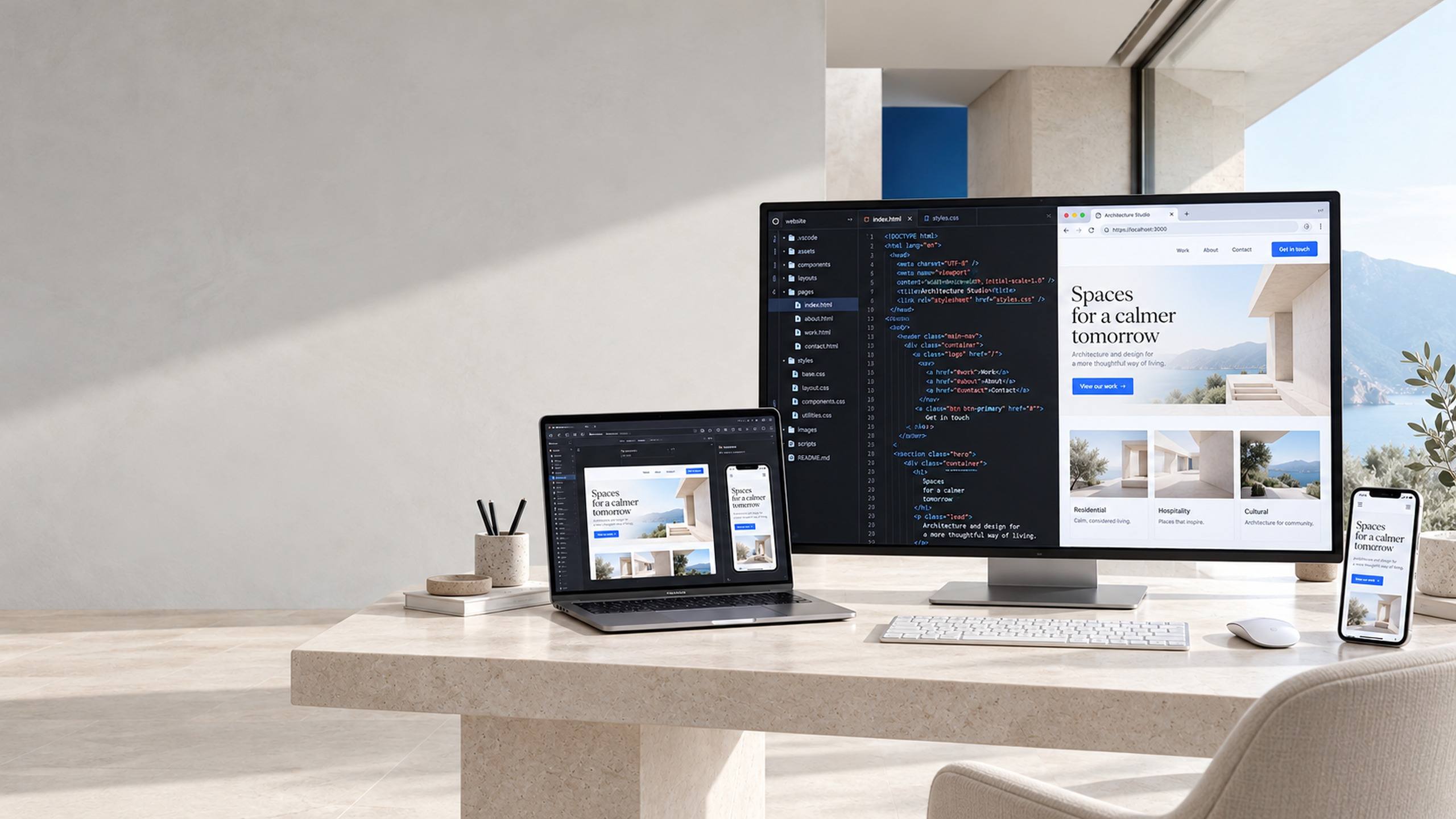 Monitor, notebook e celular exibindo o código e a página de um site, sobre uma mesa de pedra clara