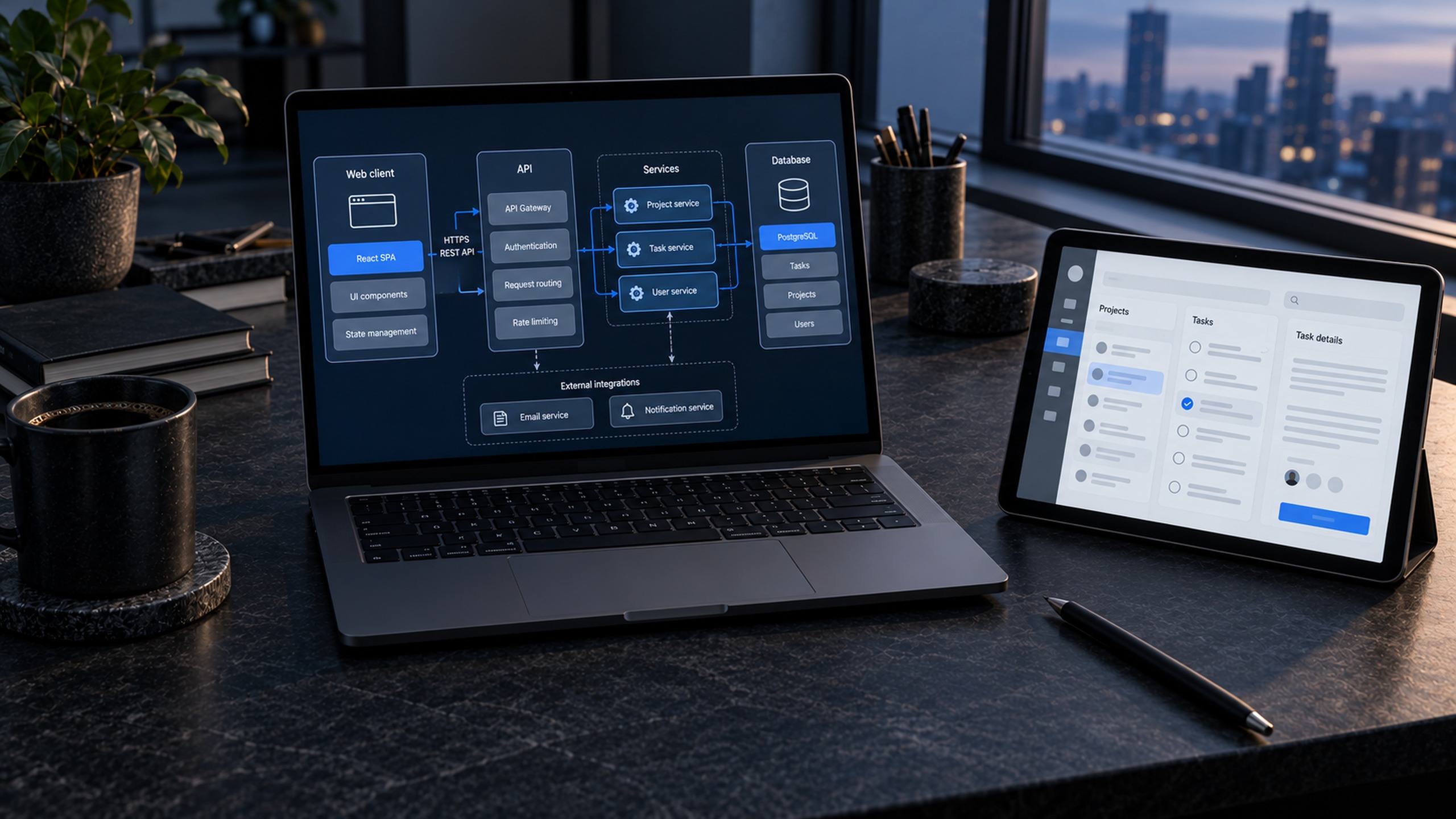 Notebook com diagrama de arquitetura de software e tablet com o protótipo de um aplicativo