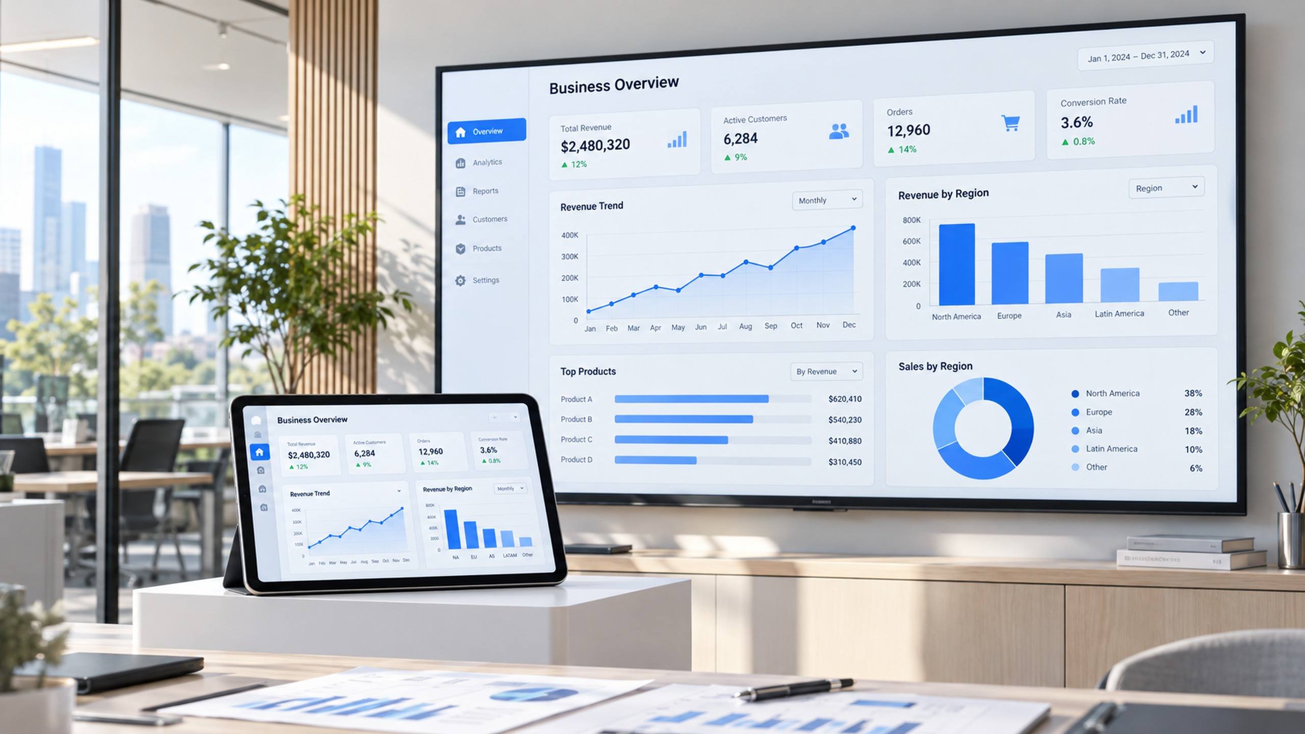 Dashboard de BI com indicadores, gráfico de tendência e filtros por área