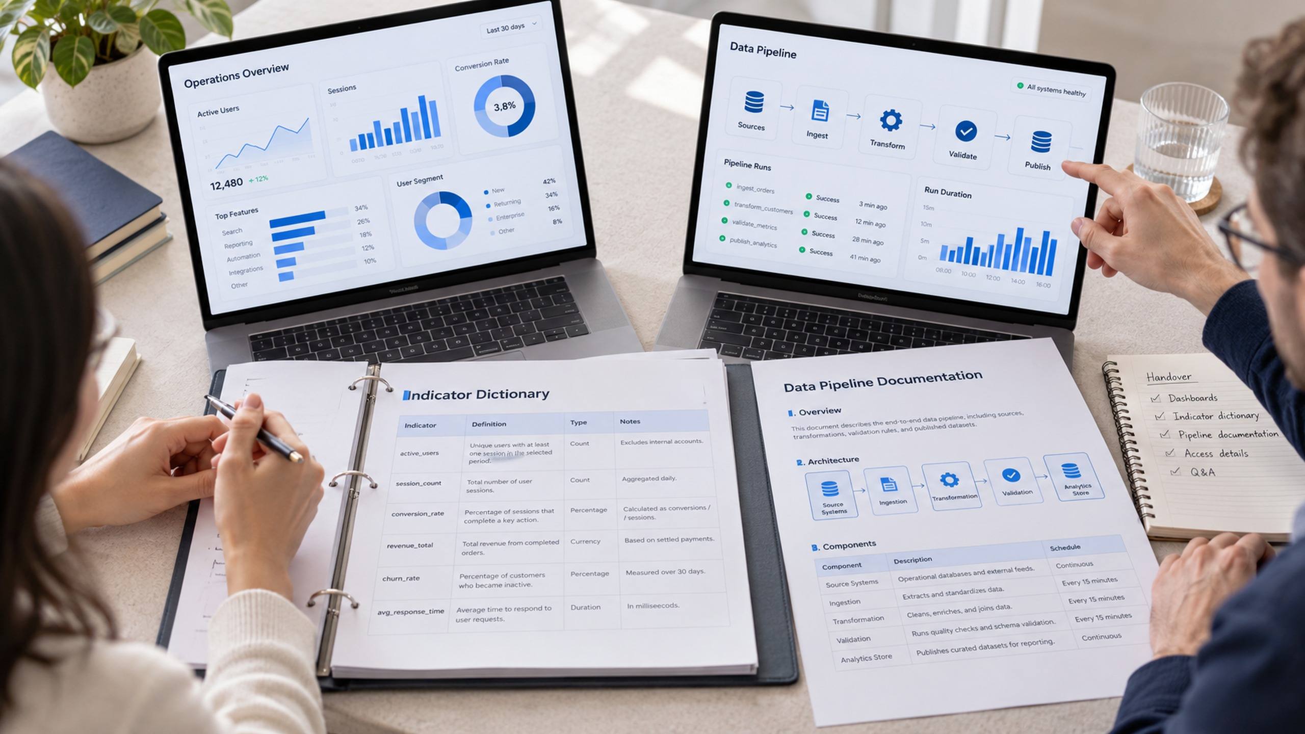 Duas pessoas revisando dashboards em notebooks, com o dicionário de indicadores e a documentação do pipeline impressos sobre a mesa