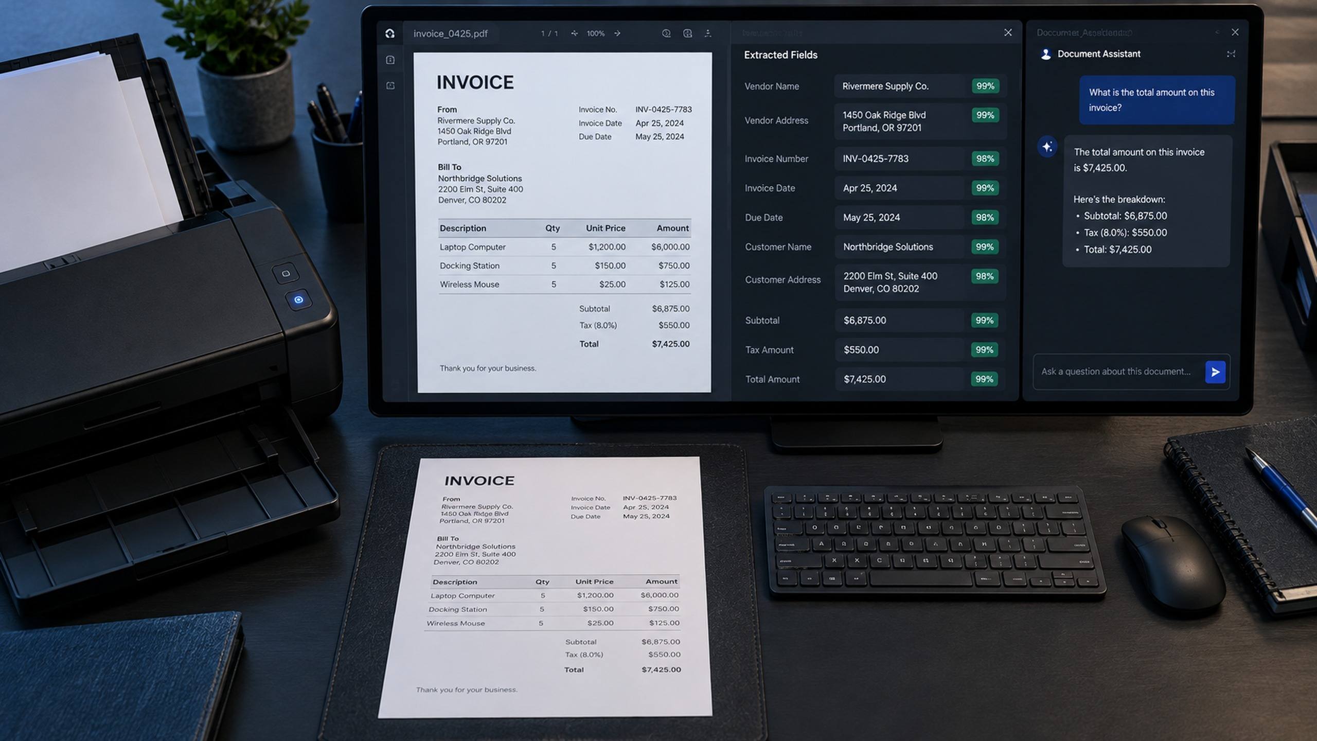 Documento digitalizado ao lado dos campos extraídos automaticamente por inteligência artificial