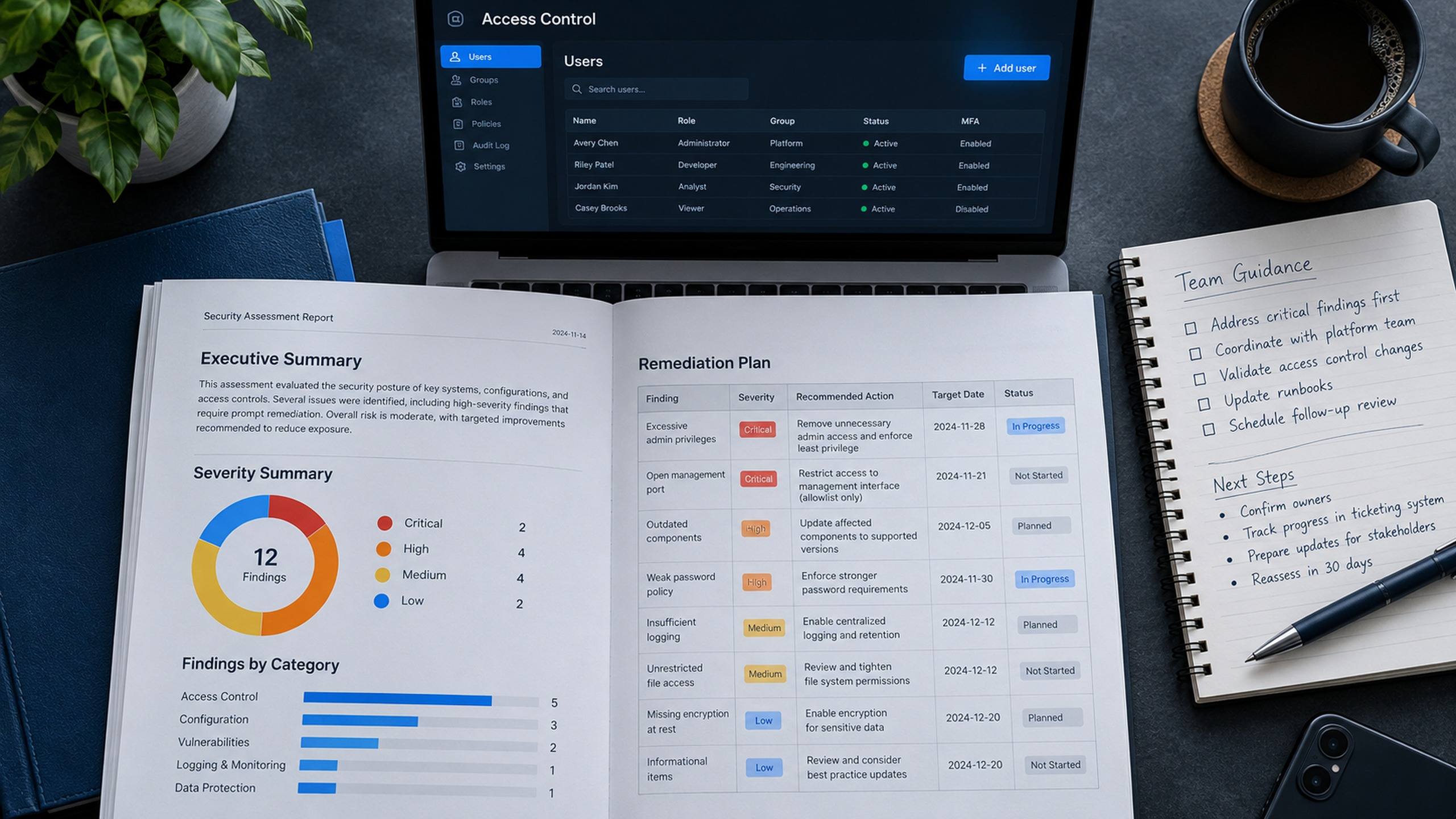 Relatório de segurança impresso com severidades e plano de correção, ao lado de um monitor com controles de acesso