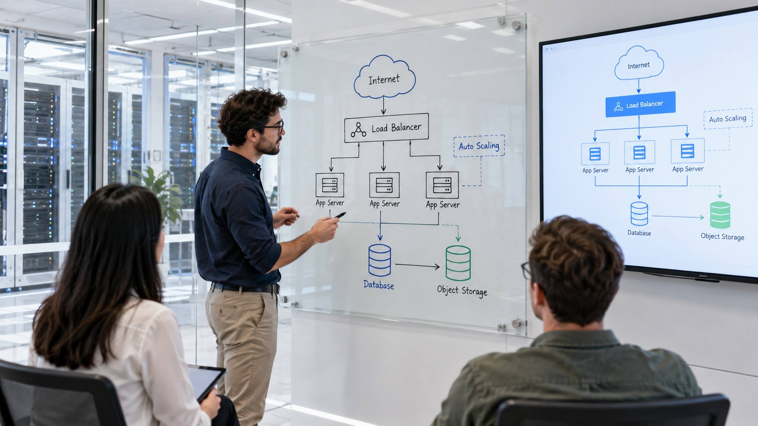 Equipe diante de um quadro de vidro com o desenho de uma arquitetura cloud, com balanceador, servidores e banco de dados
