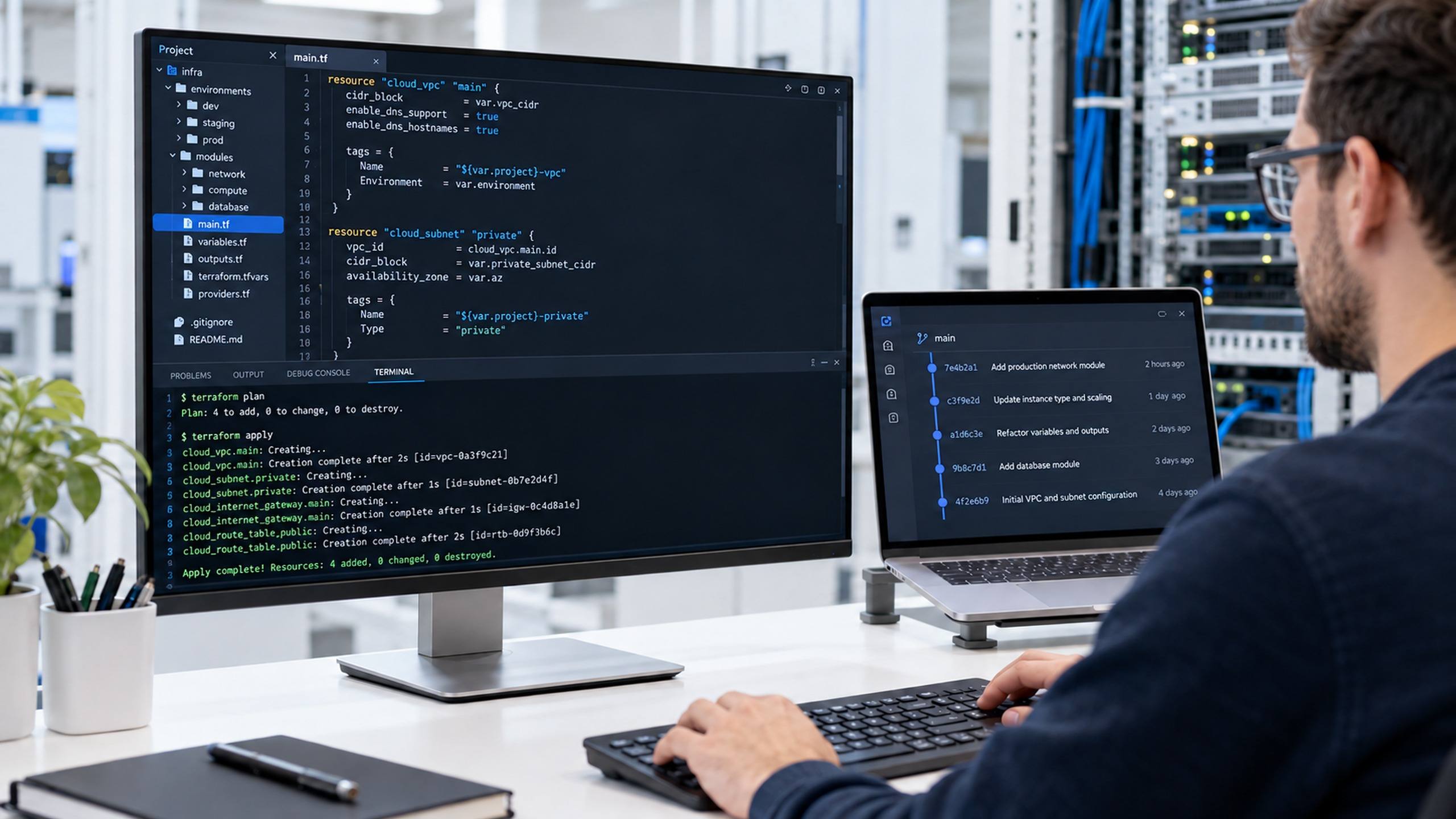 Editor de código com arquivos de infraestrutura como código e terminal aplicando as mudanças