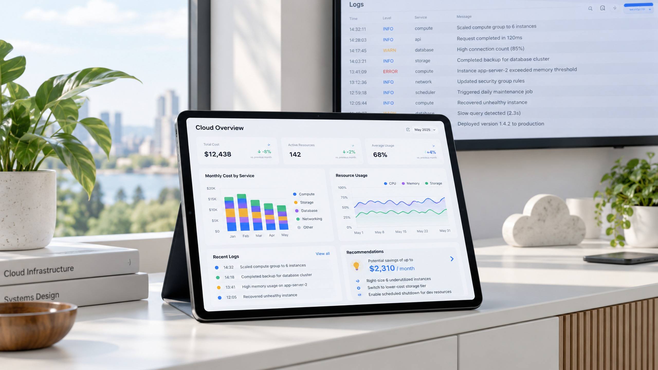 Painel de observabilidade e custos de uma conta cloud, com logs, métricas e gráfico de consumo