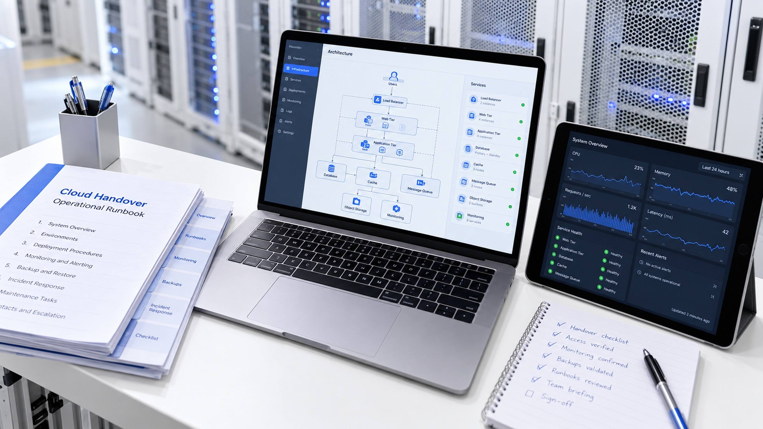 Notebook com diagrama de arquitetura, painel de monitoramento e runbooks operacionais impressos sobre a mesa