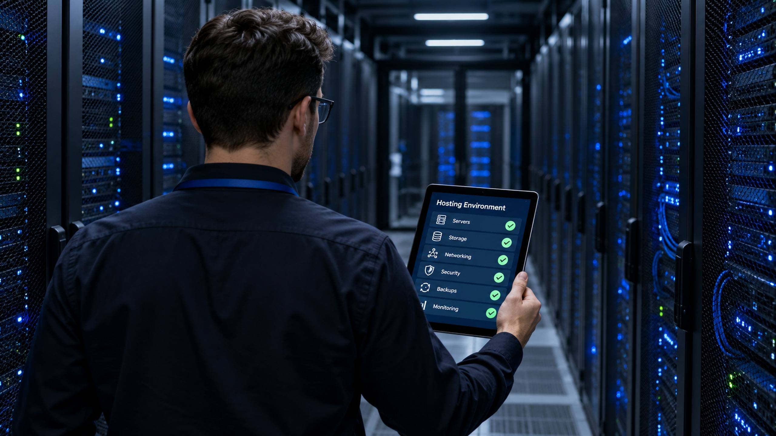 Profissional em um corredor de data center com um tablet que mostra o checklist do ambiente de hospedagem concluído