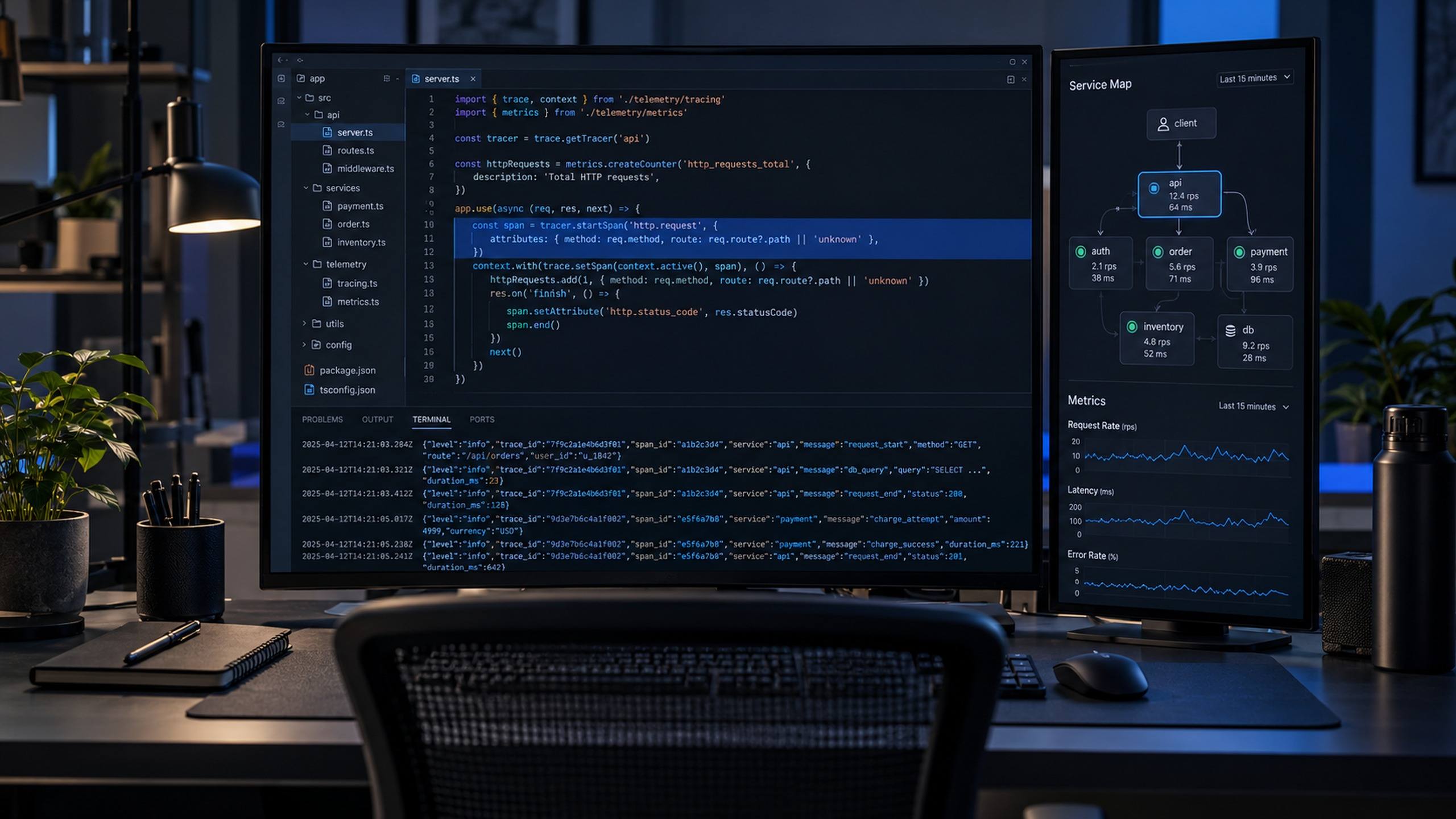 Código de uma aplicação instrumentado para enviar logs, métricas e traces, em um monitor