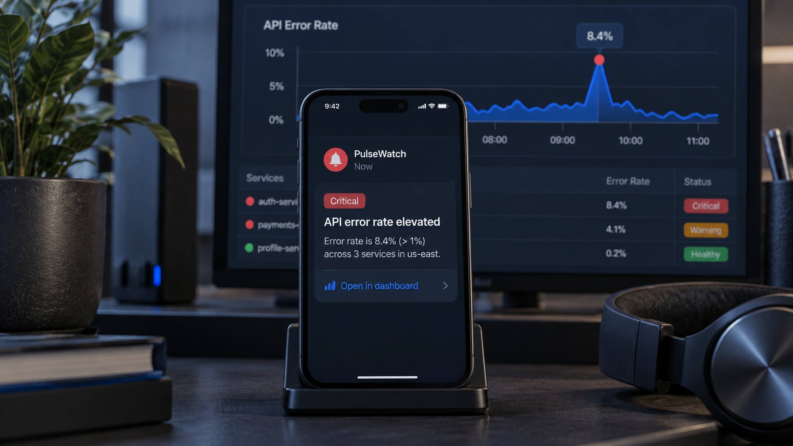 Notificação de alerta com contexto e prioridade em um celular, ao lado de um painel de monitoramento