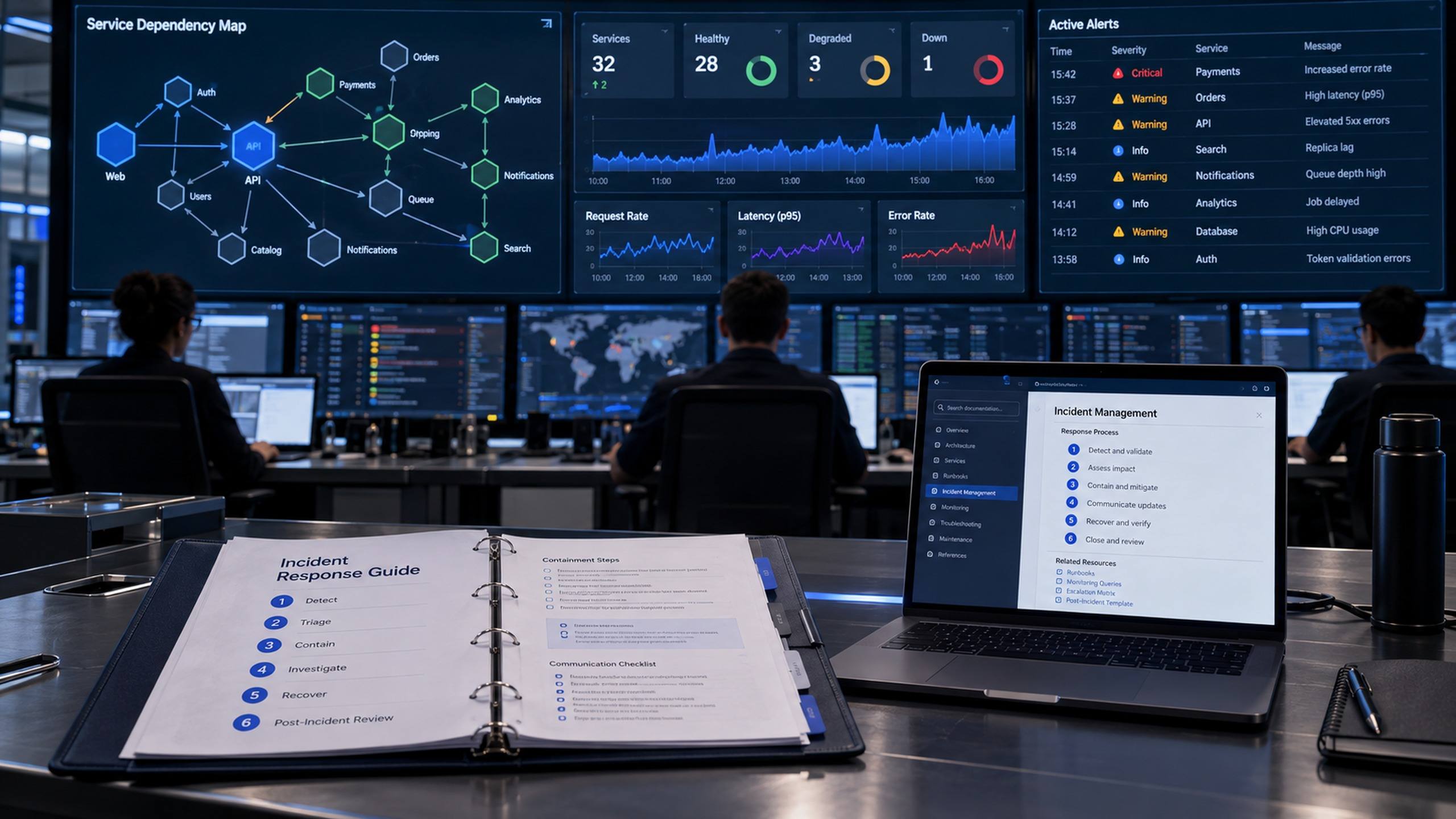 Sala de operações com parede de monitores mostrando mapa de serviços, painéis e alertas, e um guia de resposta a incidentes impresso em primeiro plano