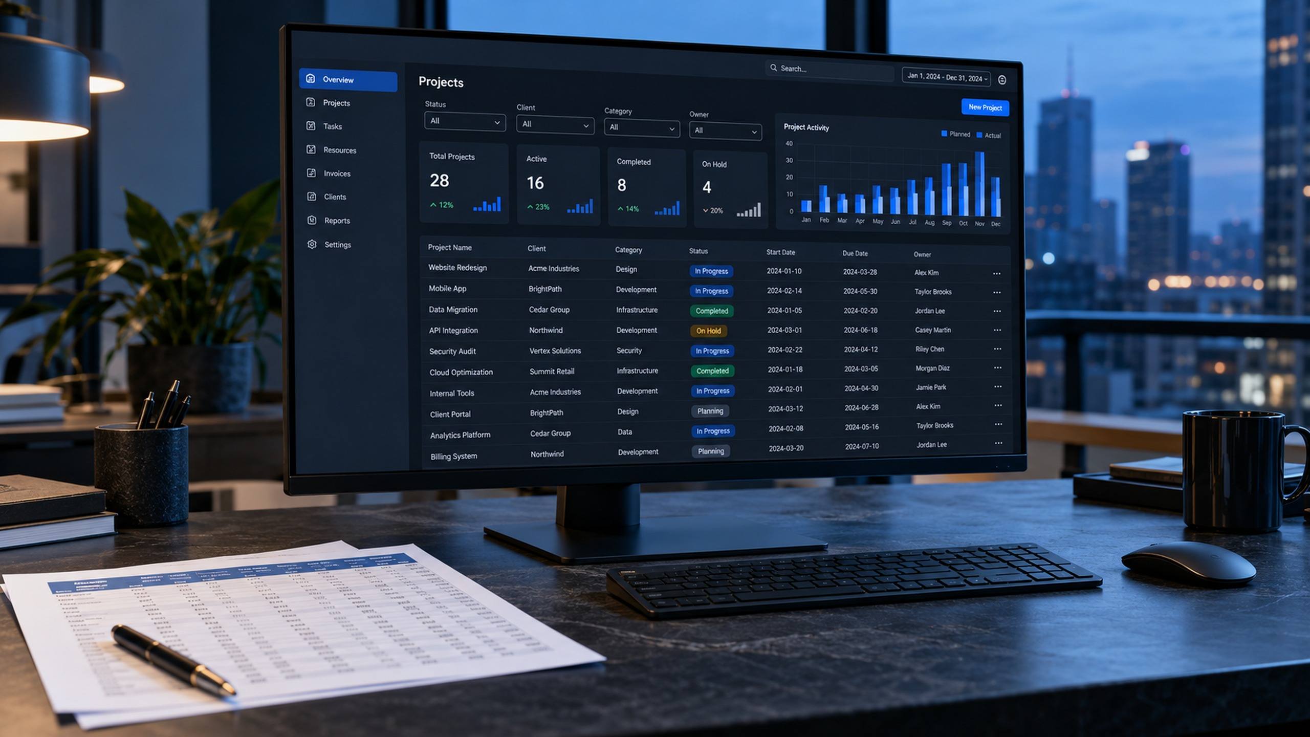 Monitor com um painel administrativo web de gestão, com tabelas, filtros e gráficos, ao lado de uma planilha impressa