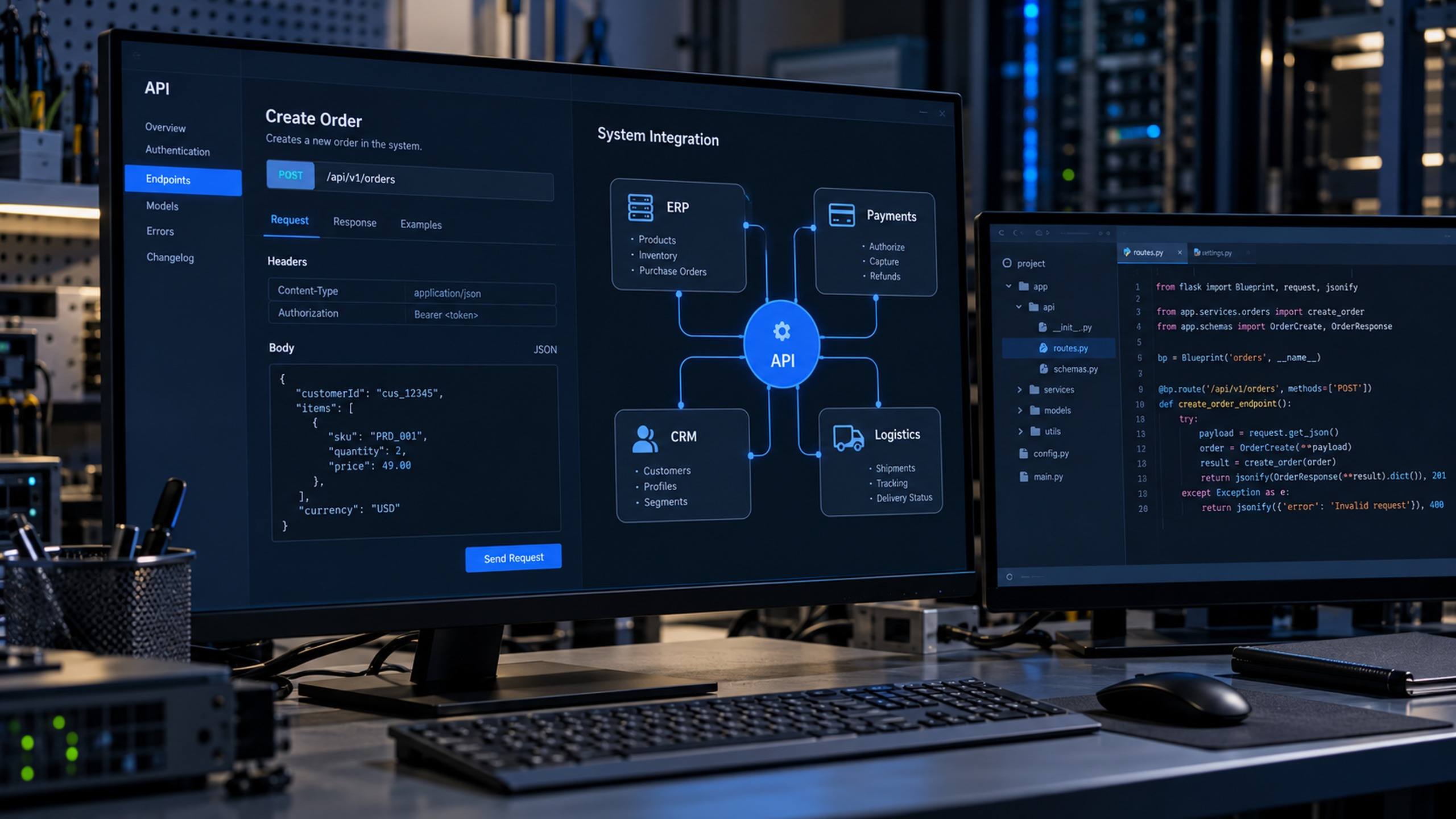 Monitor com a documentação de uma API e um diagrama que conecta ERP, pagamentos e sistemas de terceiros