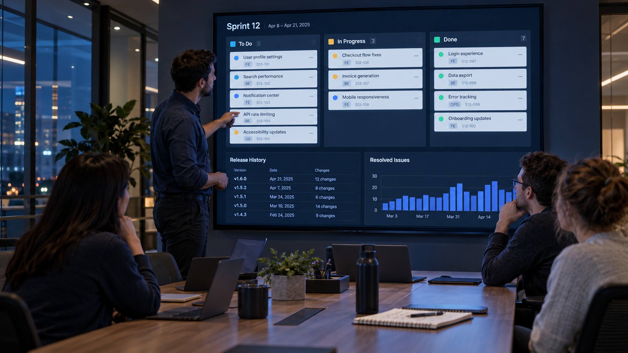 Equipe diante de um painel com o quadro de tarefas do sprint e o histórico de versões de um sistema