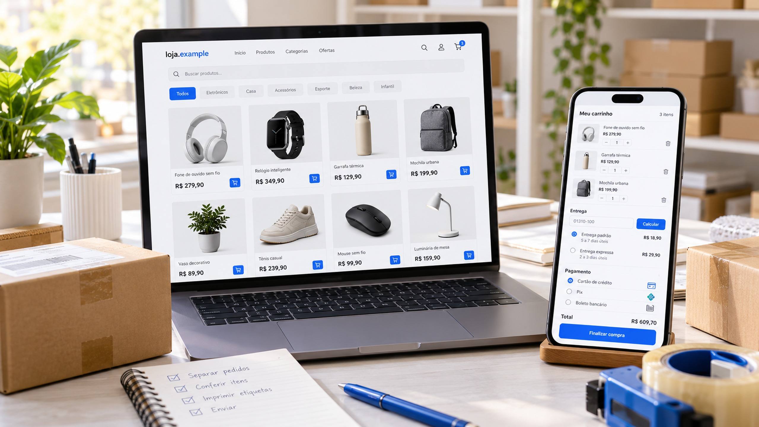 Loja virtual aberta em um notebook e um celular, com catálogo de produtos, carrinho e tela de pagamento