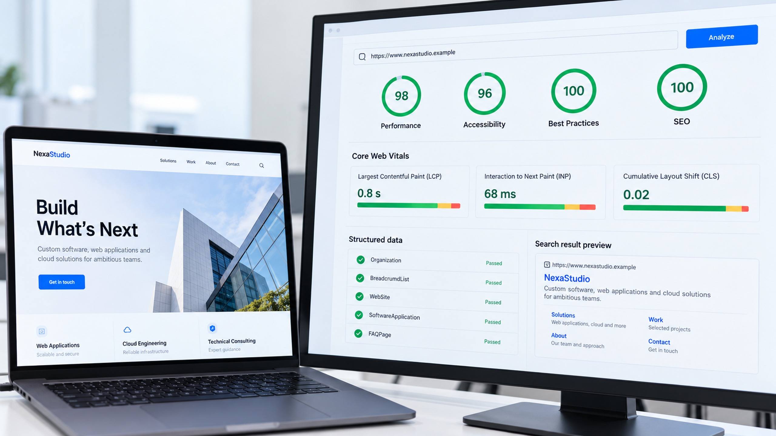Monitor com relatório de desempenho de um site, com pontuações de velocidade, Core Web Vitals e dados estruturados