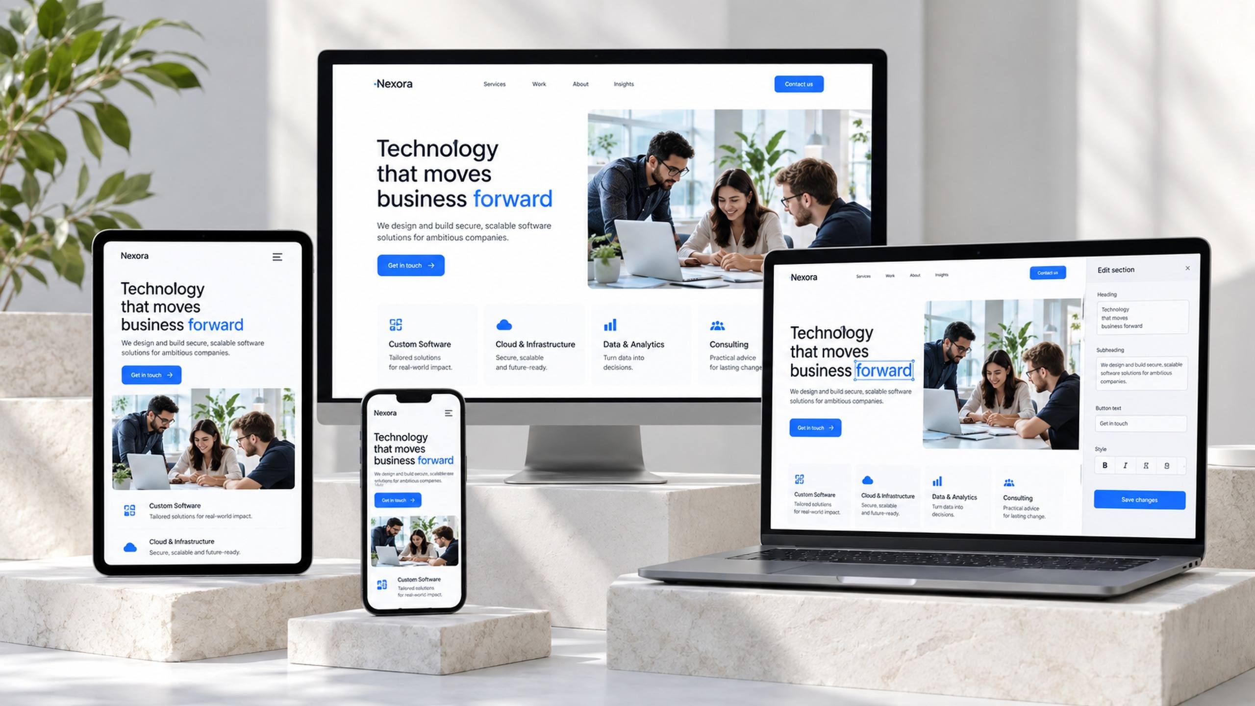 Site pronto exibido em monitor, notebook, tablet e celular, mostrando o mesmo design adaptado a cada tela